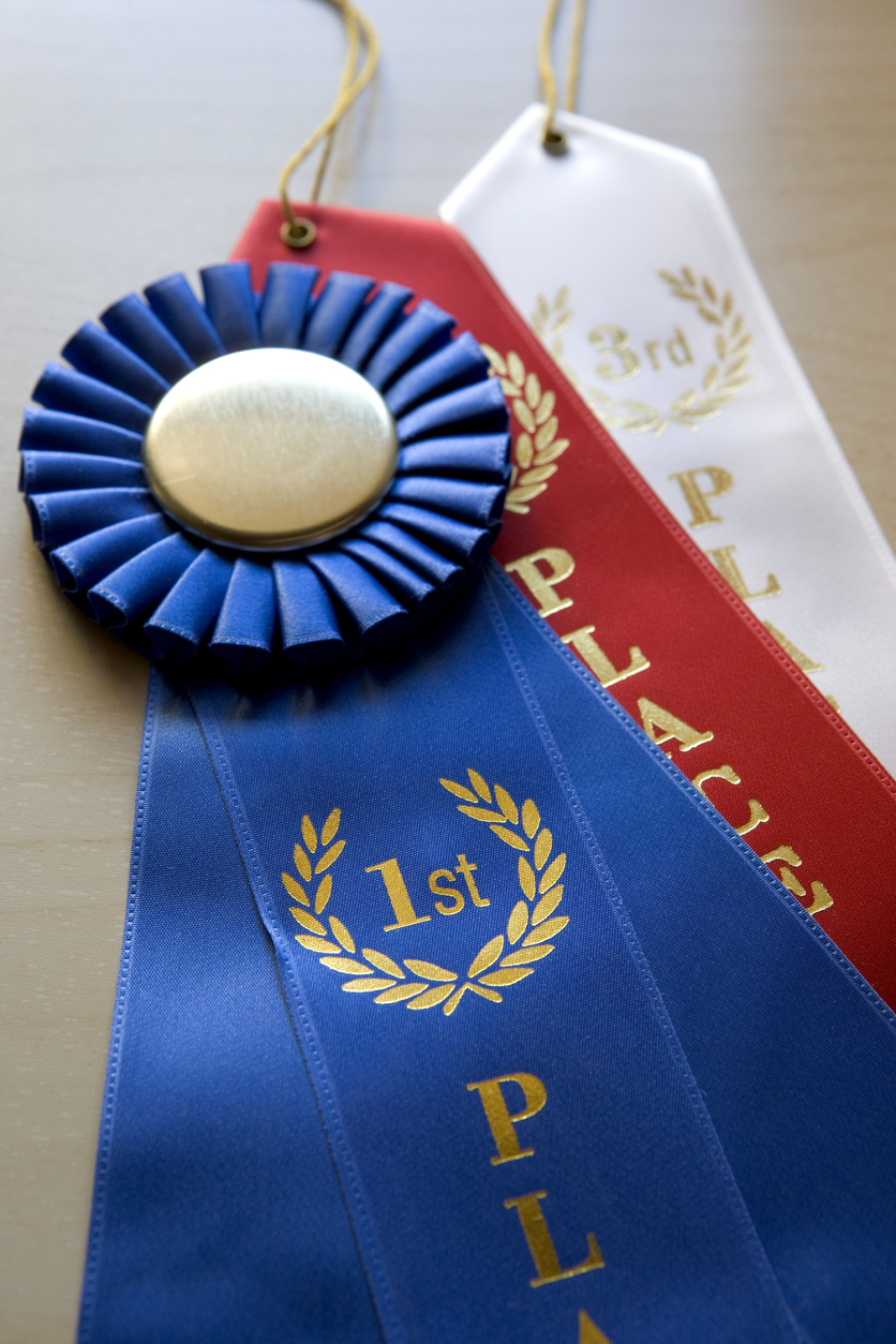 Blue red and white prize ribbons