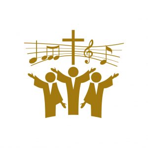 Graphic of three choir singers under a cross and musical notes