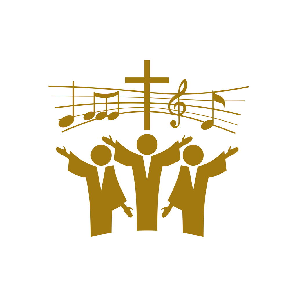 Graphic of three choir singers under a cross and musical notes