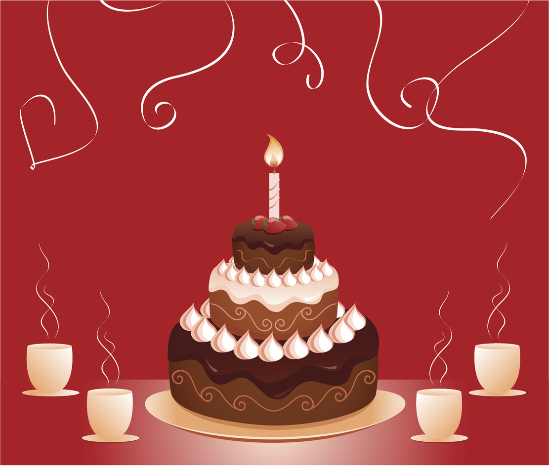 Chocolate layer cake illustration with candle on top and cups of coffee on table