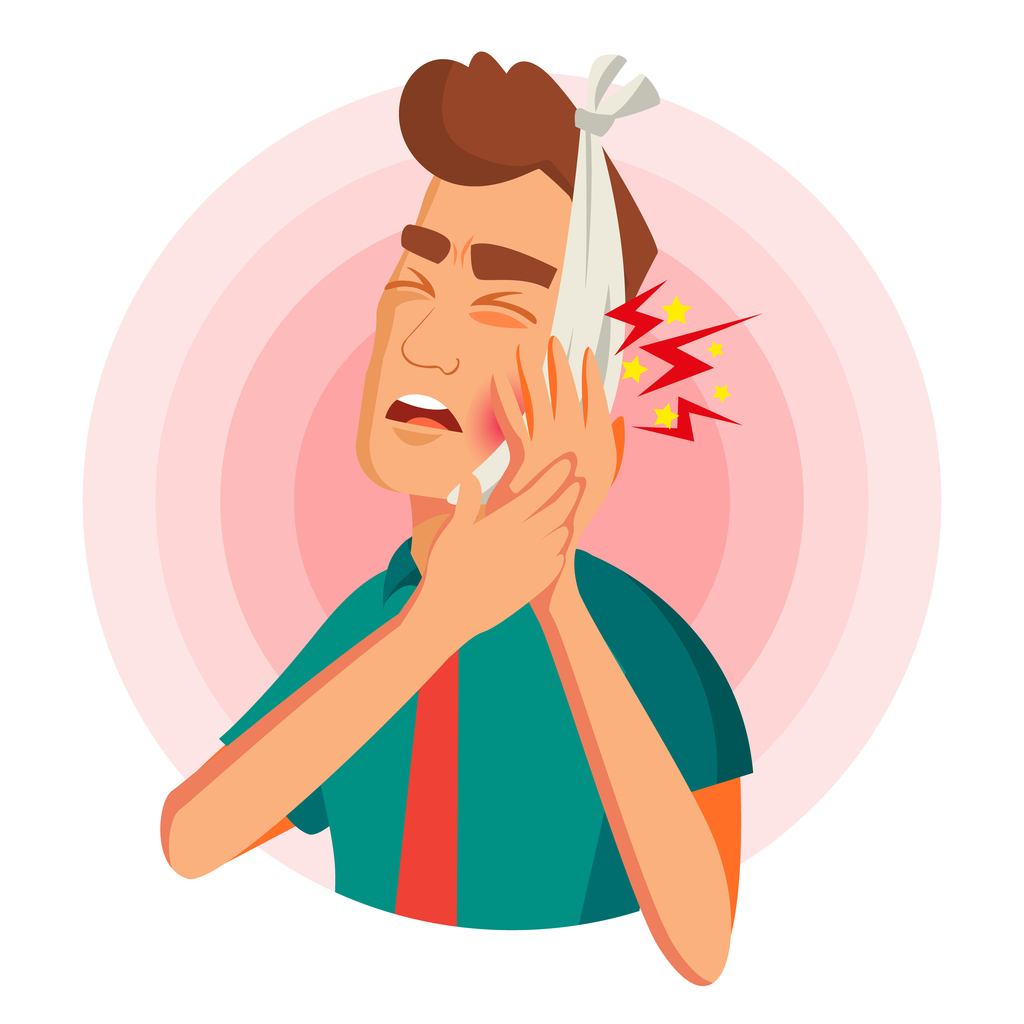 Color cartoon illustration of man with jaw ache